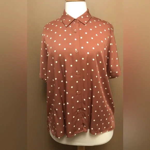 Uniqlo Brown with Cream Polka Dot Short Sleeve Blouse
